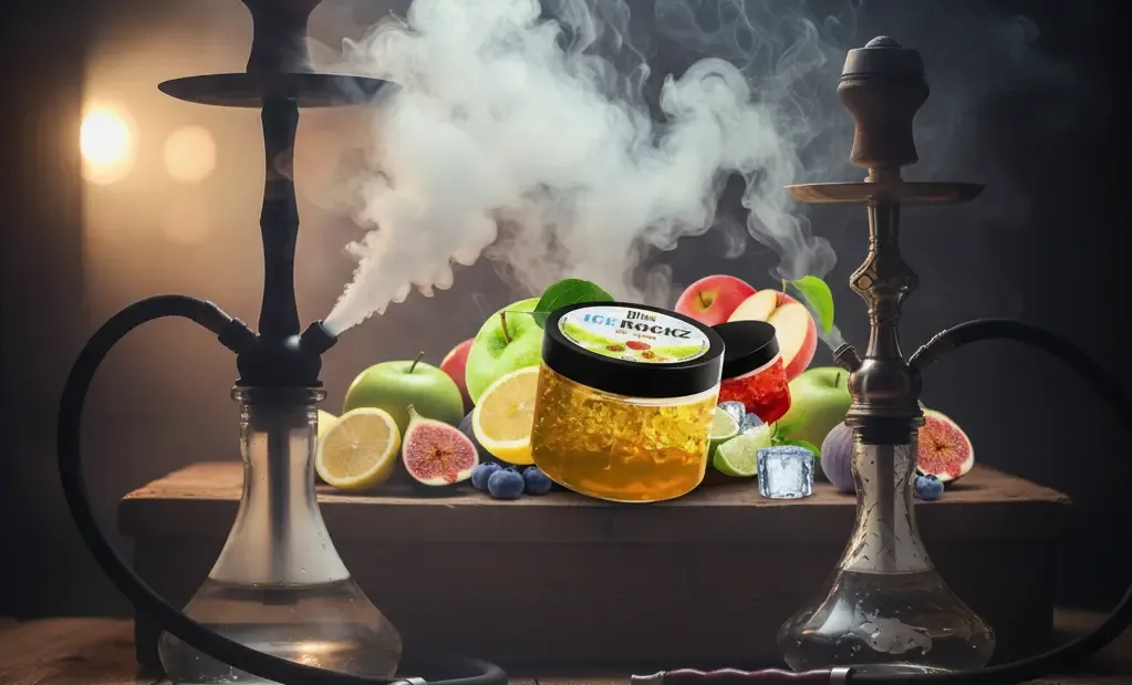 Narghilea cu fum dens langa un borcan de pietre Ice Rockz si fructe: mere, lamai, smochine si afine