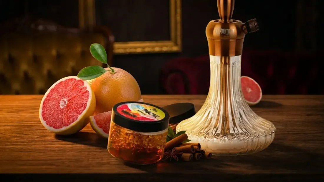Grepfrut taiat, un borcan de pietre aromate cu scortisoara si o narghilea cu vas de sticla pe o masa de lemn